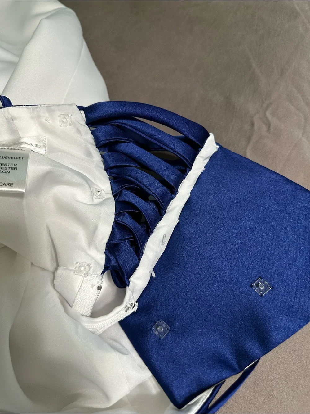 David's Bridal White Satin with Royal Blue Trim A-Line Formal Dress, Size 14. - Picture 5 of 9